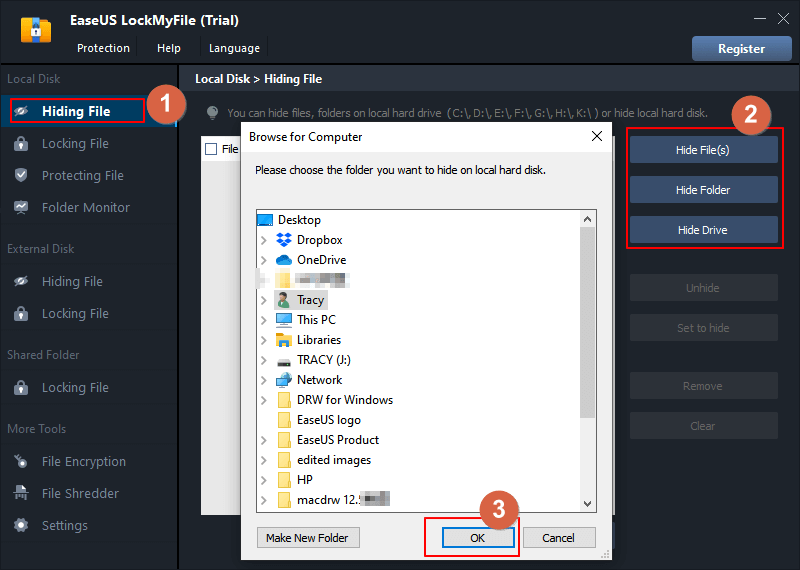 hide files or foders on the internal disk